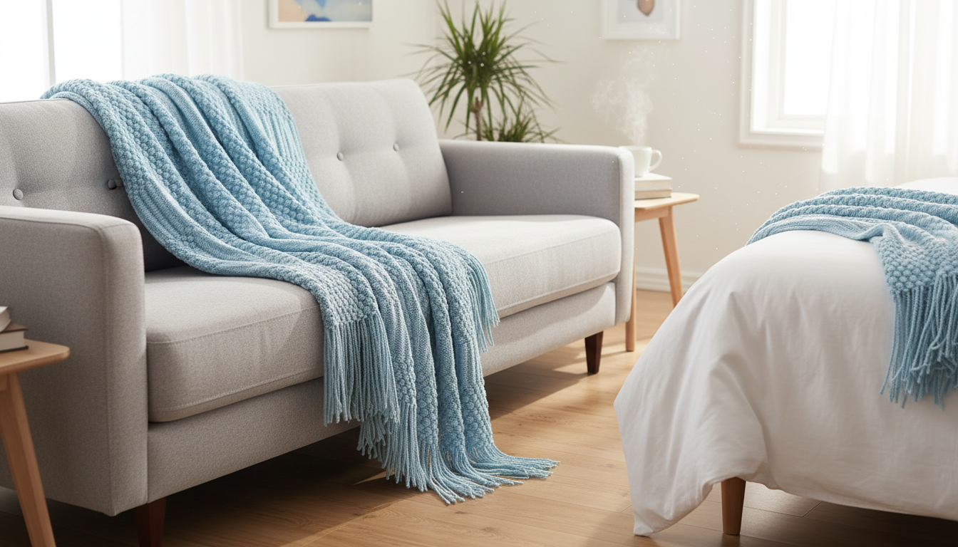 Blue Nordic Knit Throw with Tassels for Sofa & Bed