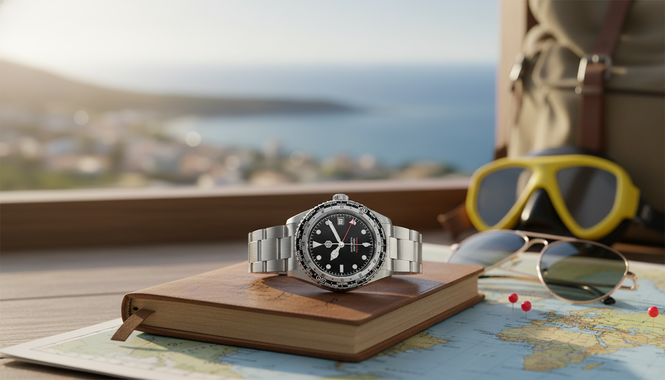 Ceramic-Bezel GMT Diver: Sapphire Clarity, Travel Ready