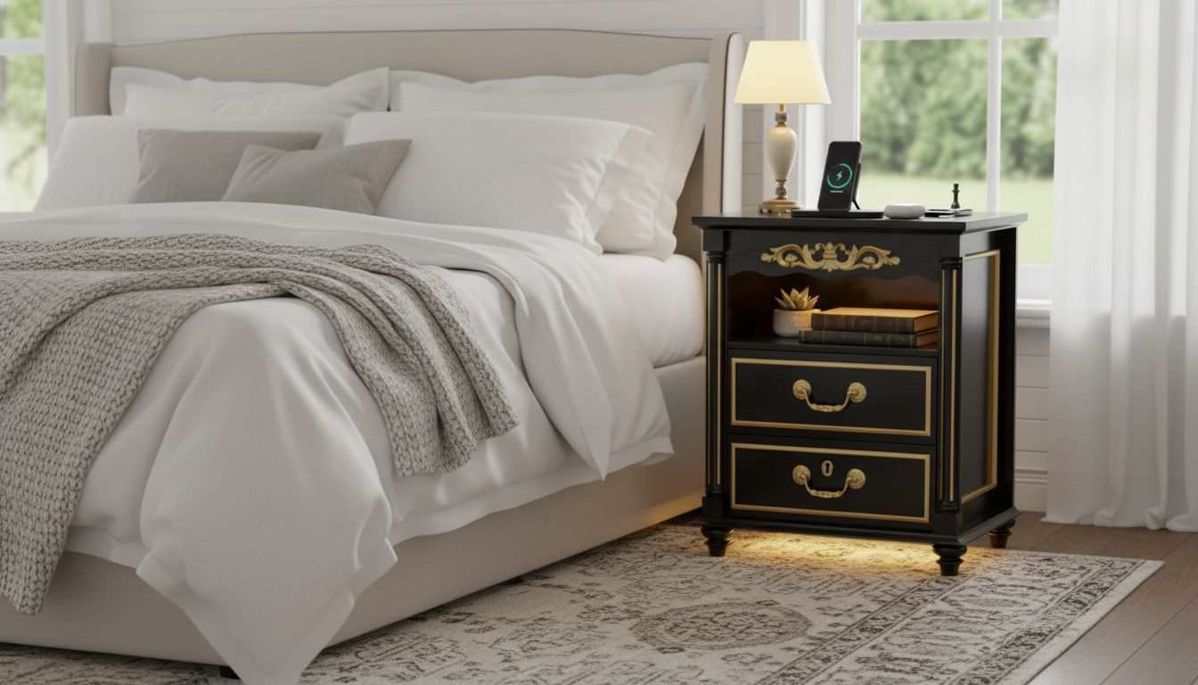 Farmhouse Nightstand: Locking Drawer, LEDs & Charging