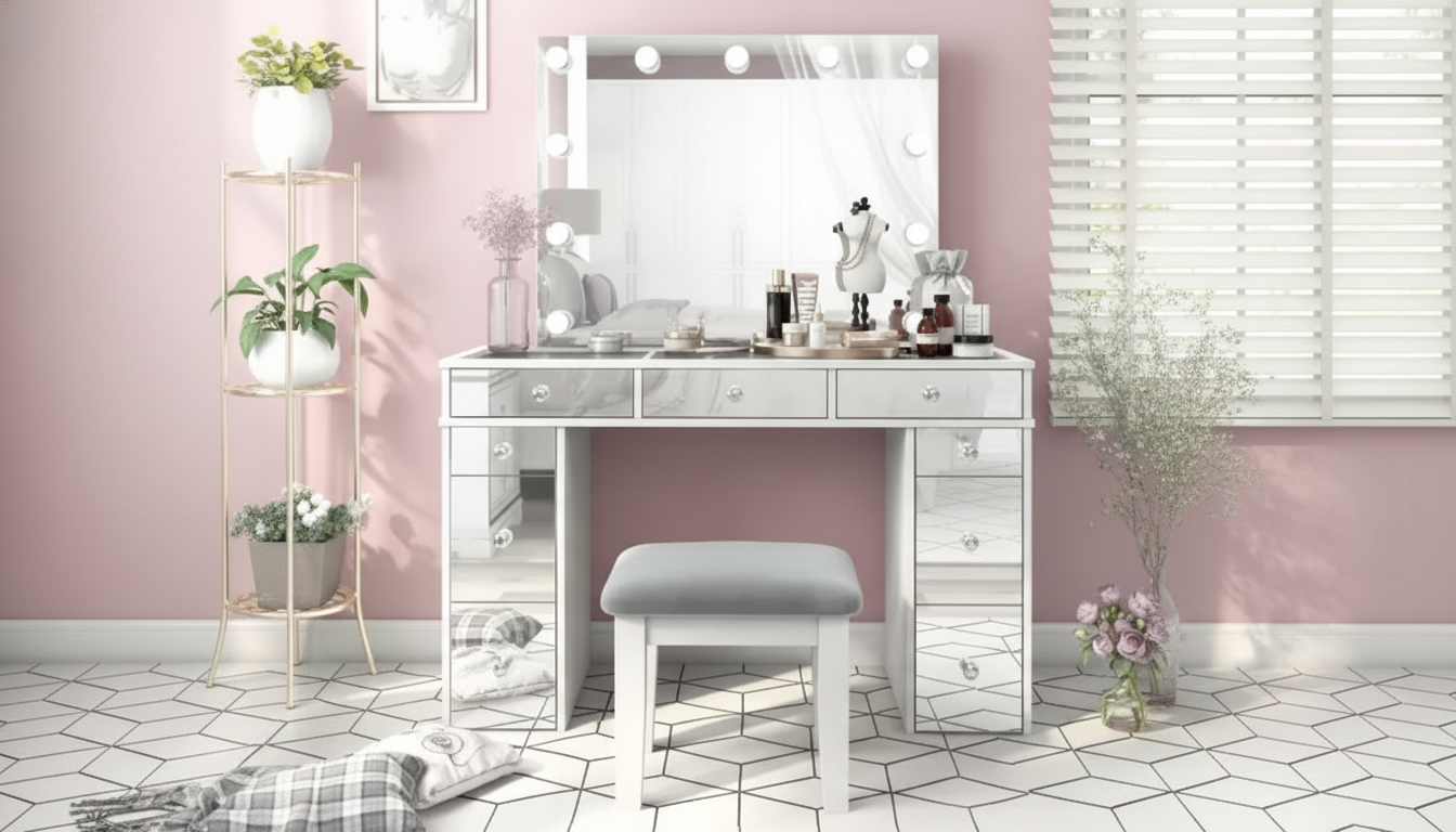 Modern LED Makeup Vanity Set: Mirror, Chair & Storage