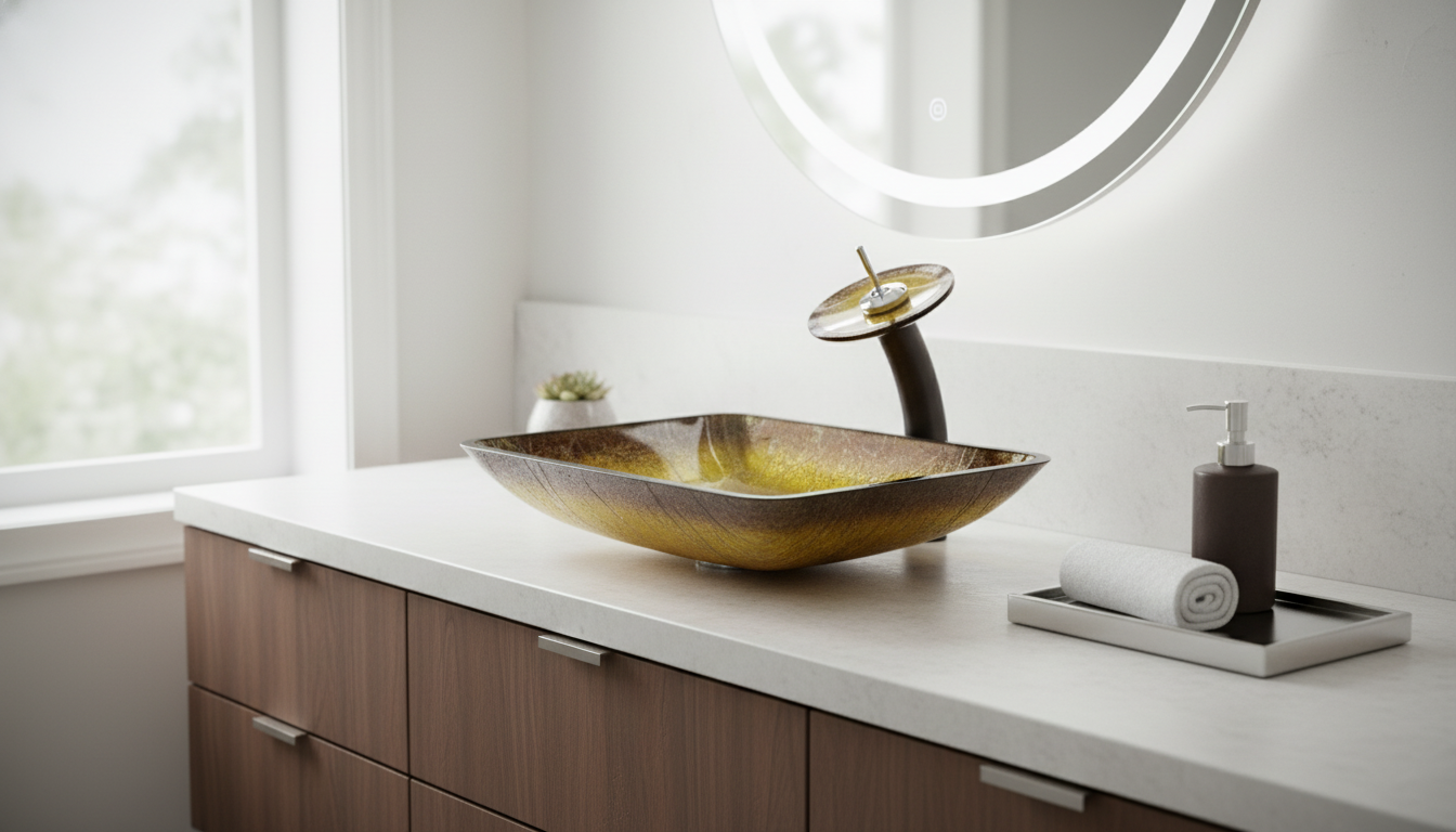 Tempered Glass Rectangular Vessel Sink + Waterfall Faucet