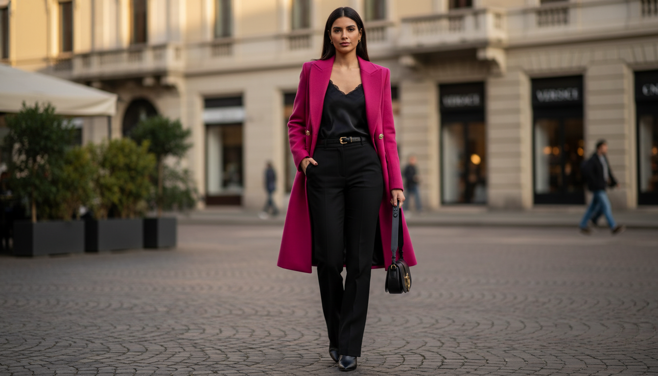 Versace Fuchsia Wool Long Coat: Logo Buttons & Fit